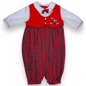 Vintage Petit Ami Red Plaid Rocking Horse Collared Longalls Romper Outfit 3m +